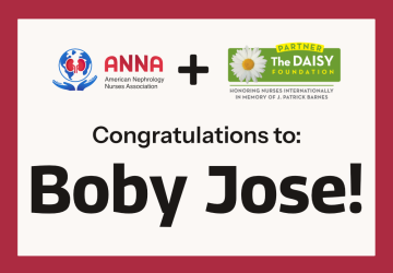 White box with a red border; the ANNA and DAISY Award logos are at the top; with text that reads: Congratulations to: Boby Jose